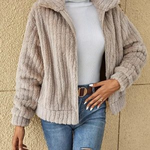 Gilet Hiver Femme Zippé Manches Longues En Polaire Côtelée