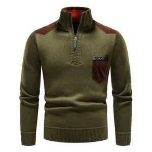 Pull Homme Hiver à Col Montant et Fermeture Quart de Zip – Maille Douce avec Poche