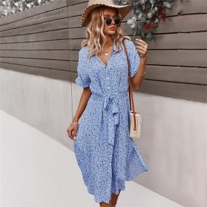 Robe d’été femme avec liens – Robe midi décontractée à fleurs et boutons