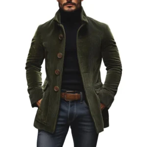 Manteau court ajusté en velours côtelé à col montant pour homme