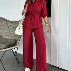 Ensemble deux pièces léger et élégant femme – Haut ajustable à nouer et pantalon large, confort au quotidien